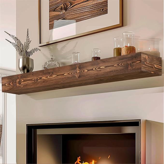 60x8x5 Fireplace Mantel - Handcrafted Hollow Rustic Solid Wood Wall Mounted Floating Shelf with Invisible Heavy Duty Wood Bracket (Weathered Brown)-Ruum Studio Home