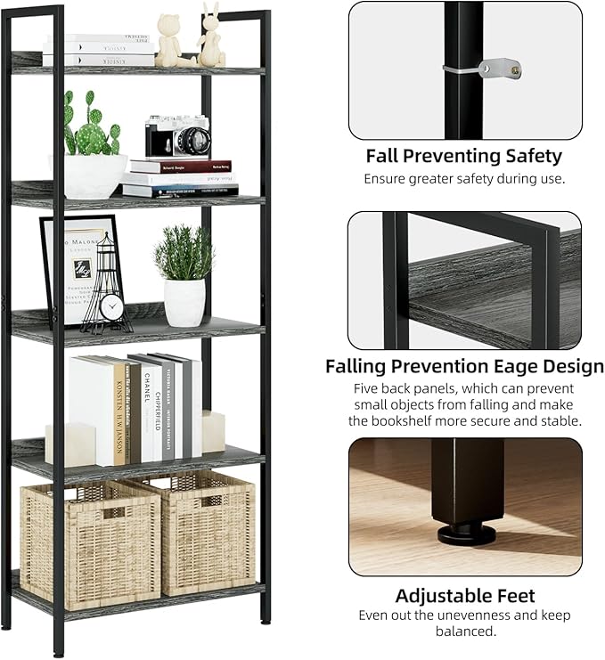 NUMENN Bookshelf, 5 Tier Bookshelves, Home Office Bookcase Shelf Storage Organizer, Free Standing Storage Shelving Unit for Bedroom, Living Room and Home Office, Dark Grey-Ruum Studio Home