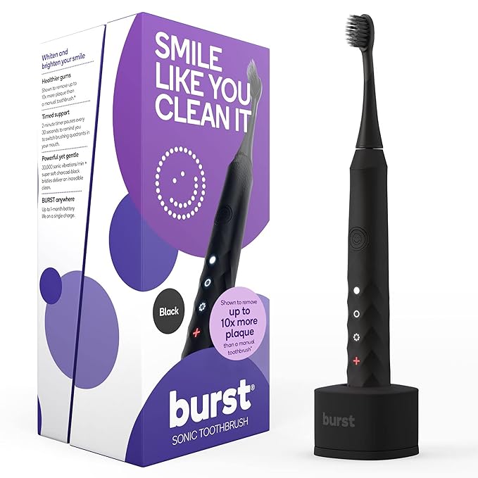 Burst Original Sonic Electric Toothbrush for Adults (Black) | Soft Bristle Deep Clean Stain & Plaque Removal | 3 Modes: Teeth Whitening, Sensitive & Massage-Ruum Studio Home