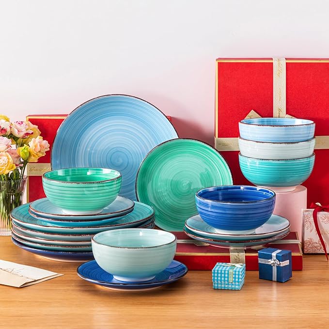 vancasso Bonita Dinnerware Set Blue Stoneware 18 Pieces Service for 4, Handpainted Spirals Pattern Stoneware Plates and Bowls Set-Ruum Studio Home