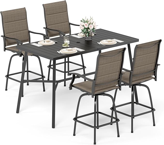 Sophia & William Outdoor Bar Set, Patio Bar Table and Chairs Set, Bar Height Patio Set - 4 x Swivel Bar Chairs(Brown-Padded), 1 x Rectangular Bar Table-Ruum Studio Home