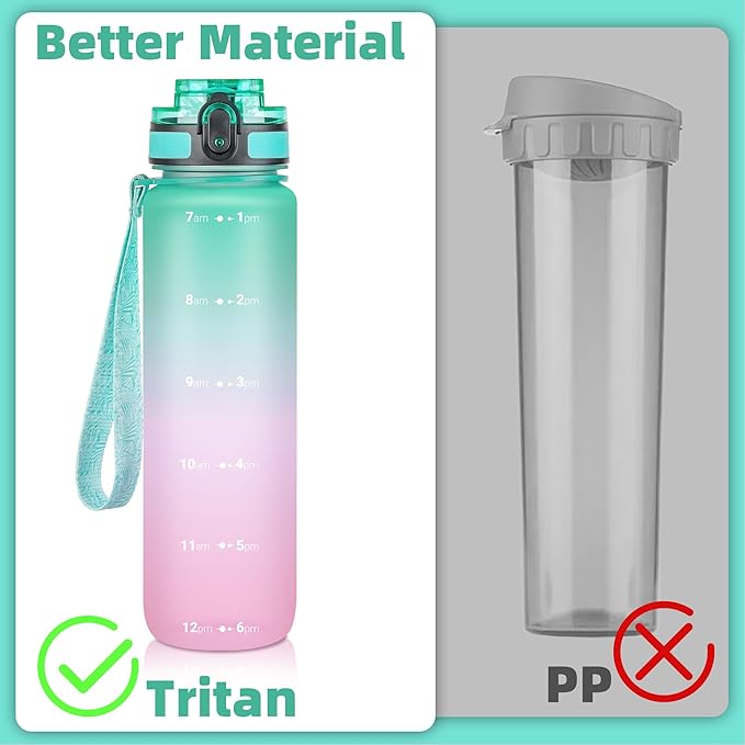 OLDLEY 32 oz Water Bottle, Motivational Water Bottle with Time Marker, Sports Water Bottle With Strap, Leakproof & BPA Free Large Water Bottles for School, Gym, Travel, Outdoor, Tritan,Green&Pink-Ruum Studio Home