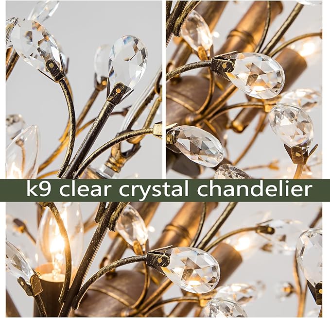 Vintage Farmhouse Chandelier 8-Light Crystal Branch Pendant Lights for Living Room Dining Room Porch Kitchen Island Bedroom Restaurant, Aged Bronze-Ruum Studio Home