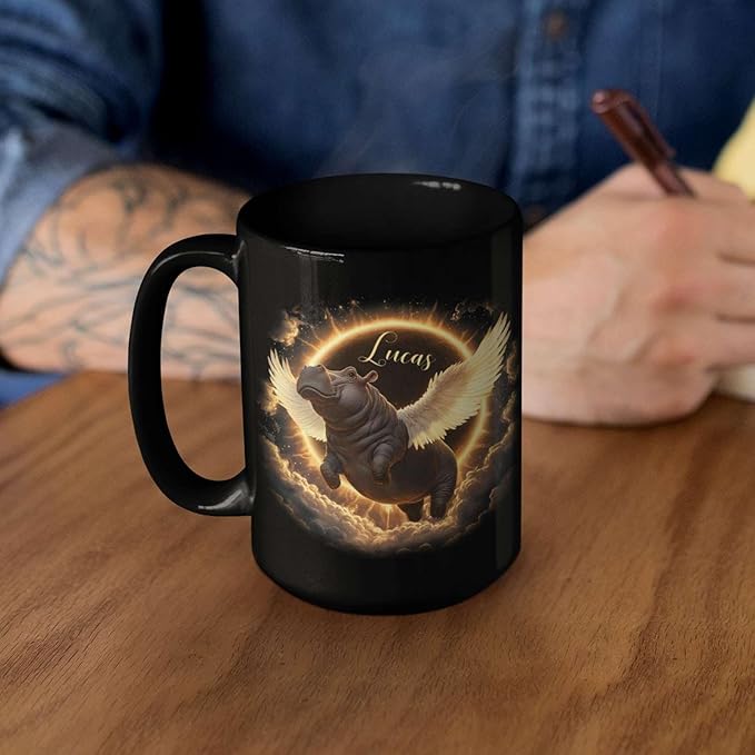 Personalized Choose Name Coffee Mug, Custom Hippo Ceramic Coffee Cup 11oz 15oz, Fantasy Animal Black Cup for Kids, Custom Whimsical Hippo with Wings Mug, Gifts for Holiday-Ruum Studio Home