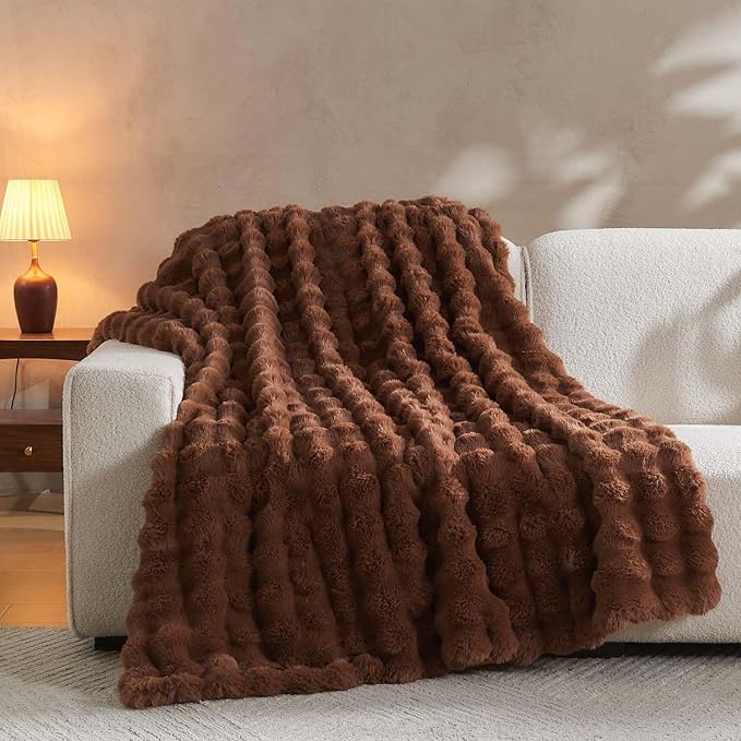 Lotus Karen Faux Fur Throw Blanket Dark Coffee - Big Bubble Rabbit Fluff Blanket for Couch Bed Sofa,Softest Fluffy Fuzzy Cozy Blanket,Thick Furry Plush Shaggy Warm Blankets for Women,108x90 Inches-Ruum Studio Home