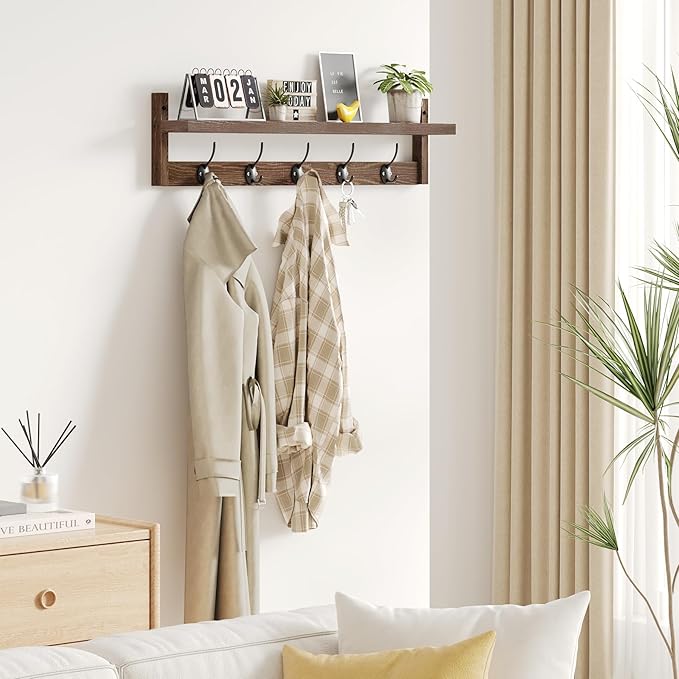 AMBIRD 28.9 Inch Length Shelf with Hooks Entryway Coat Rack Wall Mount Wood Coat Hooks with Shelf Wall-Mounted Coat Hook Rack with 5 Dual Hooks for Bathroom, Living Room, Bedroom (Brown)-Ruum Studio Home