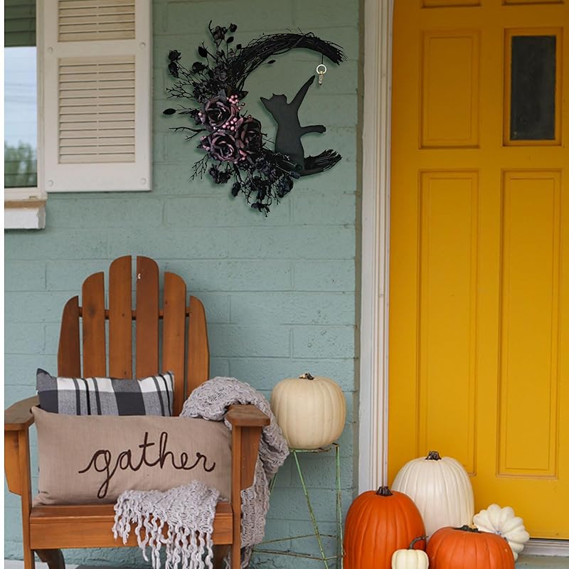 Halloween Wreaths for Front Door with Light, Black Cat on Moon Garland with Rose Wreath Decor, Halloween Decorations Crescent Moon Wreath for Home Party Window Wall Indoor Outdoor (black flower)-Ruum Studio Home