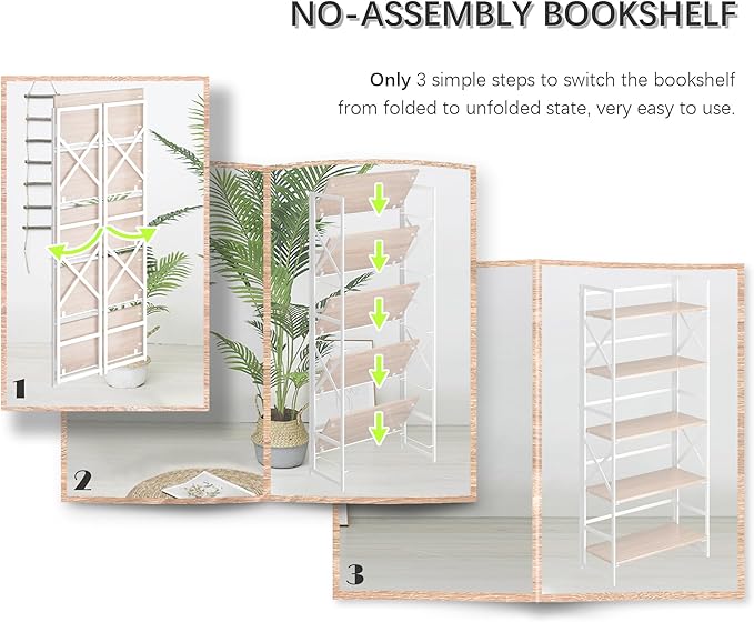 4NM 5 Tiers No Assembly Book Shelves, 51.2" H Folding Bookshelf Bookcase Open Industrial Foldable Shelves for Bedroom, Living Room, Home Office - Natural White-Ruum Studio Home
