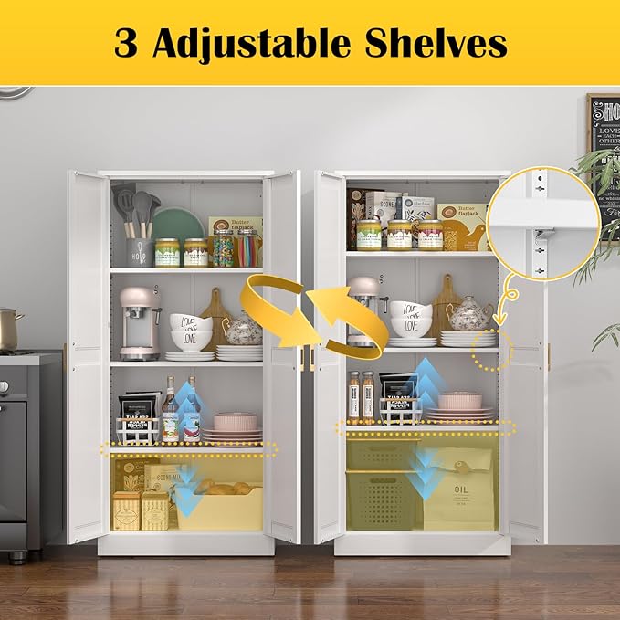 Kitchen Cabinet Storage,60”Metal Pantry Cabinet with Doors and 3 Adjustable Shelves,Food Pantry Cabinets with 2 Gold Handles,White Tall Storage Cabinet for Livingroom,Pantry,Bathroom,Kitchen-Ruum Studio Home