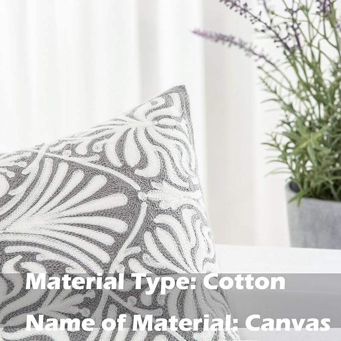 HWY 50 Grey Gray Decorative Lumbar Pillow Cover Rectangle 12x20 Inch (1 Piece), Embroidered Cotton Farmhouse Cushion Cover Pillow Case for Sofa Couch Living Room Bed, Minimalist Floral-Ruum Studio Home