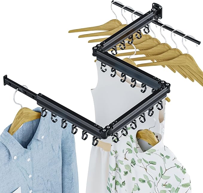Gezen Clothes Drying Rack, Wall Mounted Drying Rack Clothing Retractable, Foldable Clothes Hanger Rack with 24 Hooks for Laundry Room Organization and Storage, Space Saving, Collapsible, Quad-Fold-Ruum Studio Home