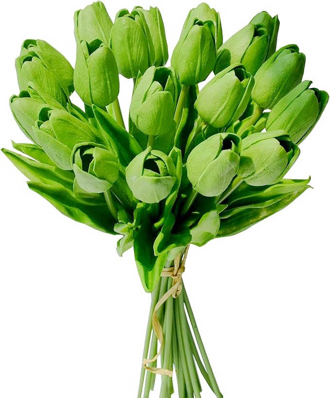 Mandy's Artificial Tulips 20 Stems Green PU Faux Flowers for Wedding Home Decor 13.5 Inch-Ruum Studio Home