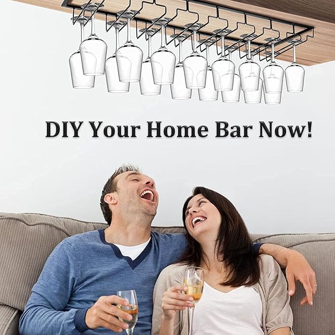 Xverycan Wine Glass Rack Under Cabinet, 8 Row Extreme Large Stemware Hanger, Metal Wine Goblet Holder, DIY Bar Glass Storage Rack for Bar Counter, Kitchen, Screws Included (Black)-Ruum Studio Home