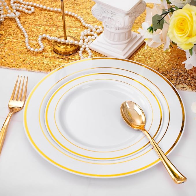 FLOWERCAT 60PCS Gold Plastic Plates - Heavy Duty White and Gold Plastic Plates Disposable for New Year/Thanksgiving Party/Wedding - Include 30PCS 10.25" Dinner Plates and 30PCS 7.5" Dessert Plates-Ruum Studio Home