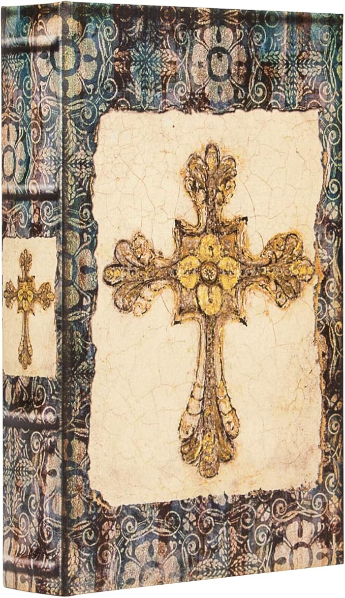 Vintage Style Wooden Decorative Book Box - Faux Leather, Christian Cross Pattern, Gift Idea-Ruum Studio Home