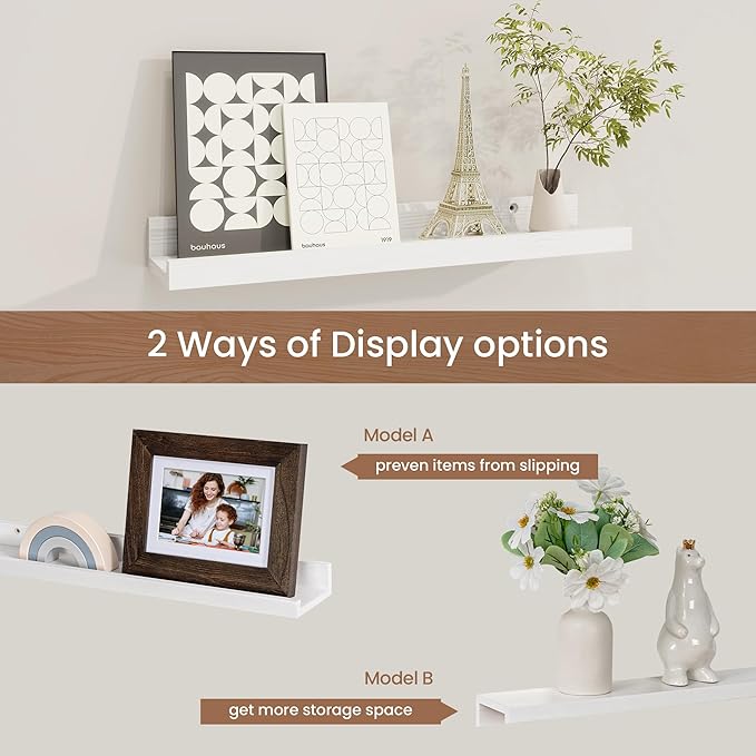 Picture Ledge Shelf, Solid Pine Wood Floating Shelves Set of 4, 16 Inches Nursery Book Shelves for Toys Storage, Kids Bookshelf Wall Mounted for Living Room Decor Photo Frames, White-Ruum Studio Home