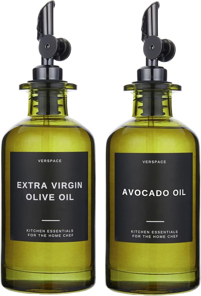 Green Glass Olive Oil Dispenser Bottle For Kitchen By Verpsace,Avocado Oil Dispenser Set, Modern Decor, Gold Kitchen Accessories for Home, Airbnb, Cafe (Black, Set of 2)-Ruum Studio Home