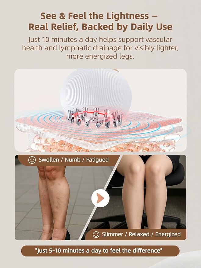 Leg Massager for Circulation and Pain Relief, Lymphatic Drainage & Varicose Veins Support - Calf, Foot & Knee Massager with SoothingPulse, Heat, Light & Vibration – Ideal for Swelling & Fatigue, White-Ruum Studio Home