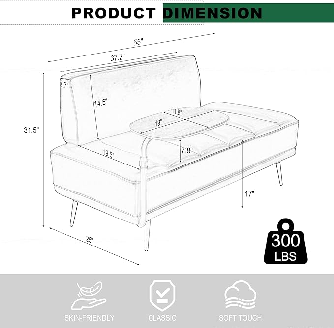 Sofa,Bed Bench,Small Spaces Furniture,Polyurethane Leather,Wood Frame,High Density Sponge Infillings,360-Degree Swivel Tray,Black Metal Leg (Green)-Ruum Studio Home