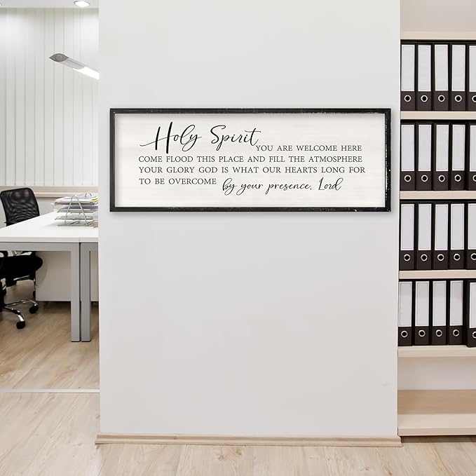 Holy Spirit You are Welcome Here Wall Decor Art 32x12 Inch Large Christian Song Bible Verse Plaque Wood Framed Sign Living Room Scripture Quote Religious For Office Wall Hanging (Black)-Ruum Studio Home