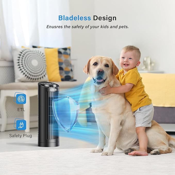 Tower Fan Bladeless with 3 Speeds, 4 Mode [AI, Normal, Natural, Sleep], Table Fan 80° Oscillation, Touch Screen + Remote Control, 12H Timer, 13" Desk Fan for Bedroom Home Office Desktop-Black-Ruum Studio Home