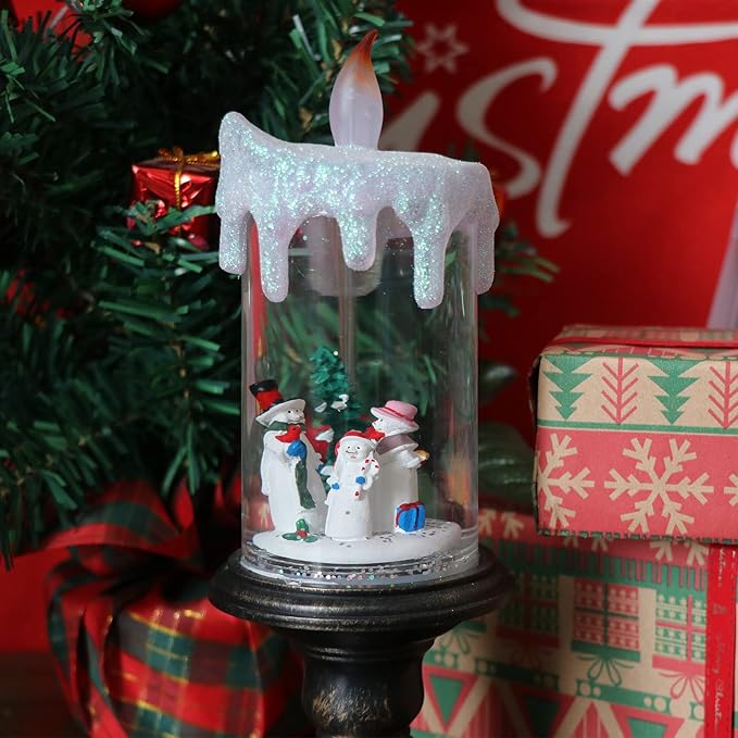 Eldnacele Christmas Snow Globe Candle Battery Operated Lighted Flameless Candles Light Swirling Water Glittering Spinning Candles for Home Decoration(Snowmen Family)-Ruum Studio Home