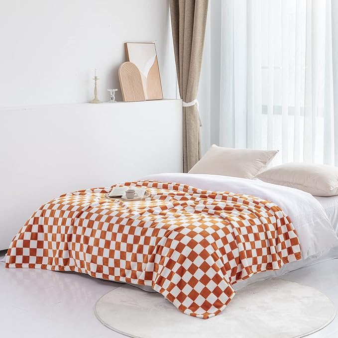 LOMAO Throw Blankets Flannel Blanket with Checkerboard Grid Pattern Soft Throw Blanket for Couch, Bed, Sofa Luxurious Warm and Cozy for All Seasons (Orange, 90"x90")-Ruum Studio Home