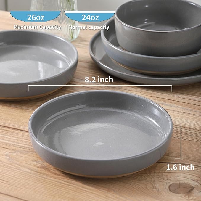 Pasta Bowls 26 OZ,Ceramic Salad Serving Bowls Set of 4,Large 8.2 inch Shallow Bowls Plates for Soup,Fruit,Noodle,Dinner,Dishwasher & Microwave Safe,Gray-Ruum Studio Home