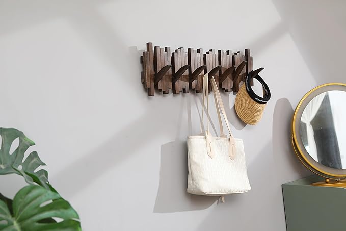 Natural Wood Wall Mounted Piano Coat Rack| Coat Rack Wall Mount| Flip Down Wall Hook Rack 7 Hooks| Entryway Wall Art Hook,Made of Acacia Wood (Wood Wax Oil Dyed Walnut Color).Wall Art-Ruum Studio Home