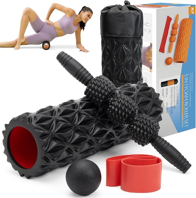 5 in1 Foam Roller Set, Trigger Point Foam Roller, Massage Roller Stick, Massage Ball, Resistance Band for Deep Muscle Massage Pilates Yoga,Fitness Exercise for Whole Body (Pure Black)-Ruum Studio Home