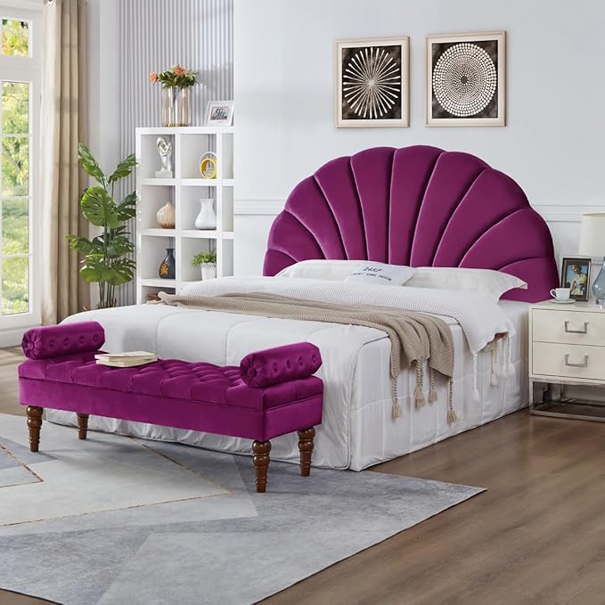 24KF Stunning Crown Design King Headboard, Upholstered Soft Velvet Petal Pattern Headboard King/CA King-Violet-Ruum Studio Home