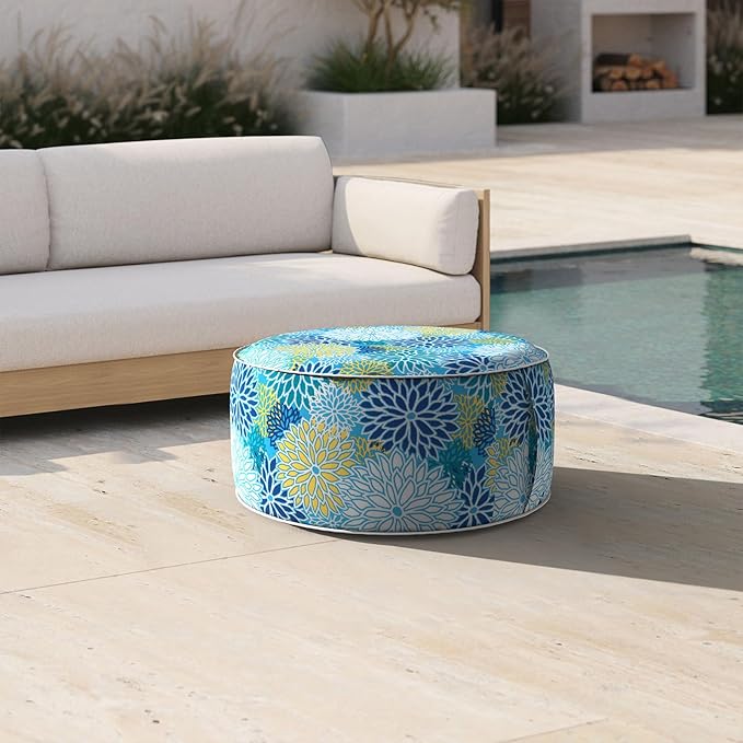 Inflatable Ottoman Stool D21 xH9 for Outdoor/Indoor Use, Water Repellent Patio Foot Rest Stool with Portable Handle,Round Pouf Ottoman Suitable for Garden,Deck and Camping - Dahlia Blue-Ruum Studio Home
