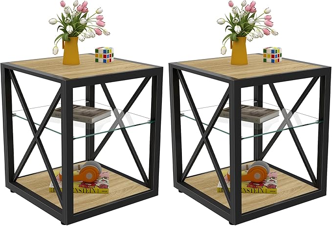 Farmhouse End Table Set of 2, Modern Side Table with 3-Tier Storage Shelf, Square Rustic Nightstand, Accent Tea Table, for Bedroom Office Living Room, Brown, Natural Wood, Glass, Metal-Ruum Studio Home