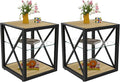 Farmhouse End Table Set of 2, Modern Side Table with 3-Tier Storage Shelf, Square Rustic Nightstand, Accent Tea Table, for Bedroom Office Living Room, Brown, Natural Wood, Glass, Metal-Ruum Studio Home