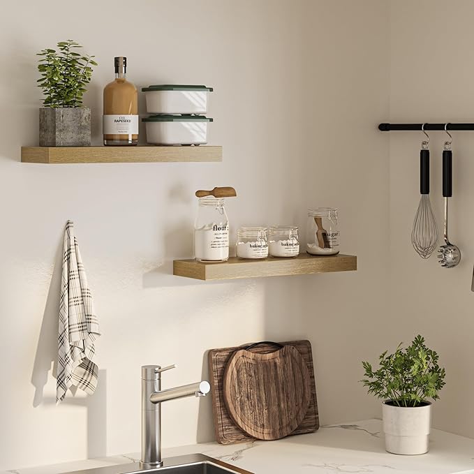 Floating Shelves for Wall, 24" W x 6.7" D x 1.5" H, Wooden Wall Mounted Display Shelves with Invisible Brackets for Living Room, Bedroom, Bathroom, Kitchen Decor and Storage, Set of 2, Oak-Ruum Studio Home