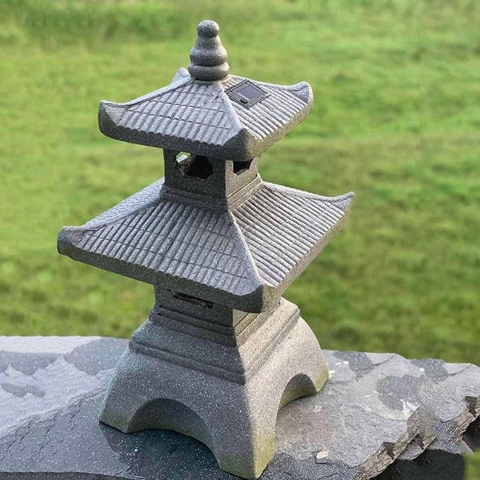 Galt International 2 Tier Pagoda Garden Statue LED Solar Powered Light 26" Tall Outdoor Zen Garden Lantern Landscape Lawn Asian Pagoda Stupa Decor Grey Resin-Ruum Studio Home