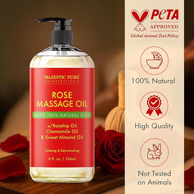 MAJESTIC PURE Rose Massage Oil for Massage Therapy - Refreshing, and Relaxing - Natural Oils - for All Skin Types - Men and Women - 8 fl oz-Ruum Studio Home