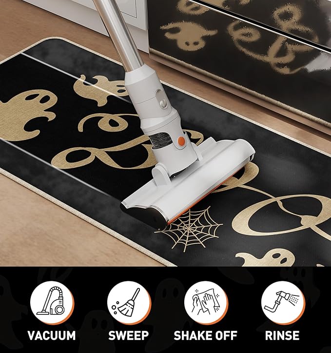 Halloween Kitchen Mat Set of 2, Spooky Spider Web Ghosts Boo Halloween Decor, Halloween Rug for Floor, Indoor Home Decor with Non-Slip Backing,17 x 29 Inch & 17 x 47 Inch-Ruum Studio Home