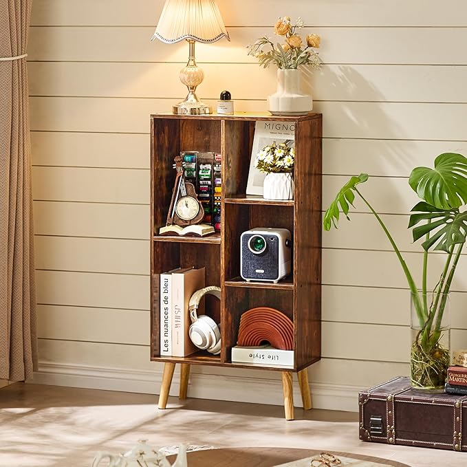 LEYAOYAO 5 Cube Small Bookshelf,3 Tier Mid-Century Bookcase with Legs,Wood Bookshelves Storage Organizer Shelf,Narrow Book Shelves,Brown Bookcases-Ruum Studio Home