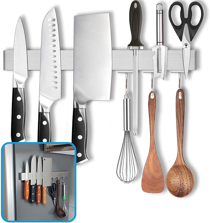 14 Inch Magnetic Knife Holder for Refrigerator - Knife Magnetic Strip for Fridge with Magnetic Hooks - Double Sided Magnetic Knife Bar - Stainless Steel Kitchen Magnetic Knife Hanger Rack-Ruum Studio Home