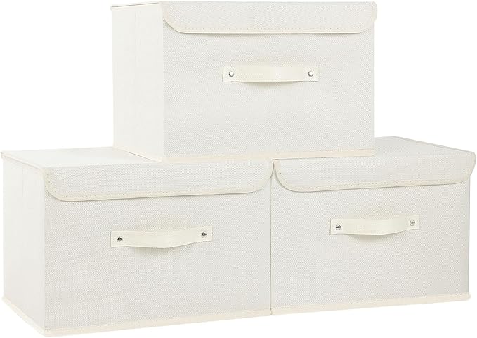 Fabric Storage Bins Cube Organizers with Flip-Top Lid and Handles,Storage Boxes for Organizing Home,Office,and Closet,Beige,3 Pack 15 x 9.8 x 9.8 in-Ruum Studio Home