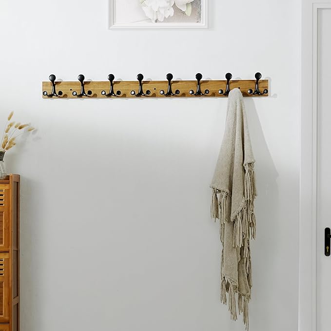 SKOLOO 43-Inch Light Brown Wood Coat Rack Wall Mount with 8 Triple Hooks - Ideal for Family Entrances, Classrooms, and Pet Supplies Storage - Perfect Coat Hooks for Wall-Ruum Studio Home