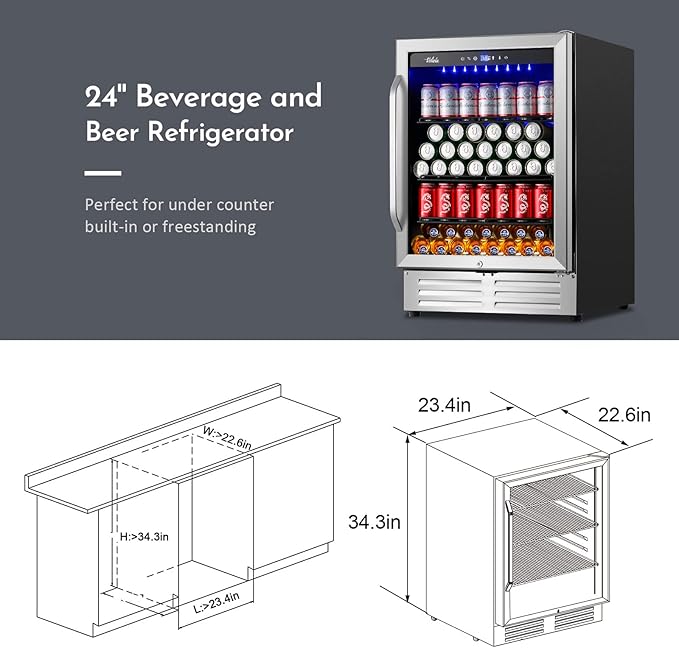 24 Inch Beverage Refrigerator Cooler,210 Cans Wide Beverage and Beer Fridge with Glass Door and Powerful Cooling Compressor, Built-in/Freestanding Drink Fridge for Kitchen, Bar or Office-Ruum Studio Home
