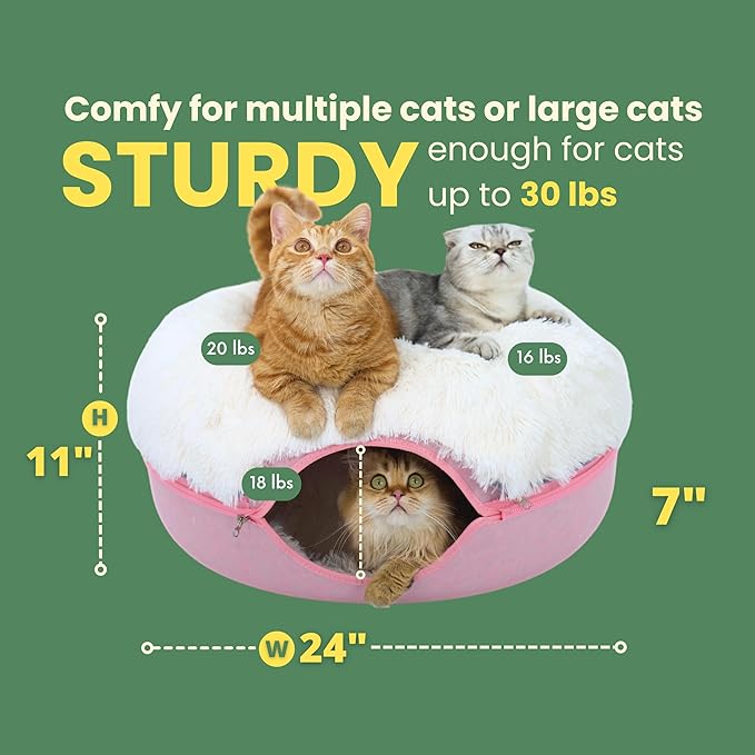CATTASAURUS Peekaboo Cat Cave for Multiple & Large Cats Up to 30-45 Lbs, Fluffy Cat Beds for Indoor Cats, Scratch Detachable & Washable Tunnel Bed, Comfy Donut Cat Cave (Pink, Large (Calming))-Ruum Studio Home
