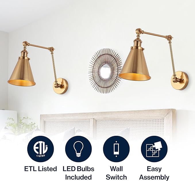 JONATHAN Y JYL7461A-SET2 Rover 7" Farmhouse Industrial Adjustable Arm Metal LED Wall Sconce Rustic Bohemian 2700K 4W Bulb for Entryway Lobby Kitchen Bathroom Bedroom Hallway, Brass Gold (Set of 2)-Ruum Studio Home