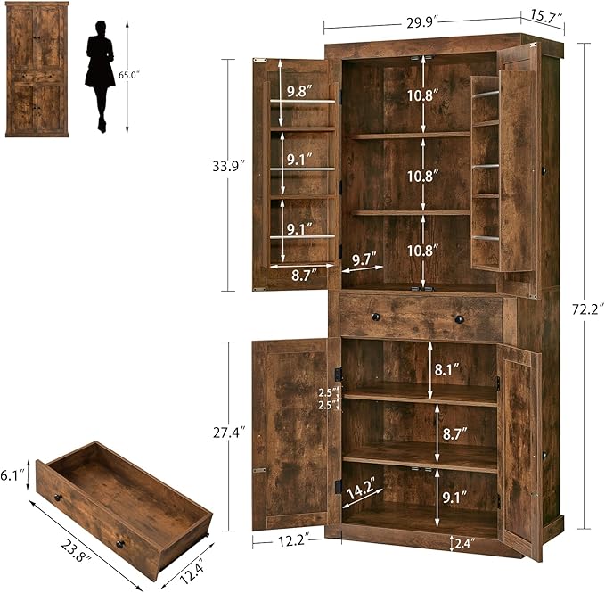 usikey 72” Kitchen Pantry Cabinet, Tall Storage Cabinet with 4 Doors and 1 Drawer, Freestanding Cupboard with 6 Hanging Shelves and Adjustable Shelves for Kitchen, Living Room, Rustic Brown-Ruum Studio Home