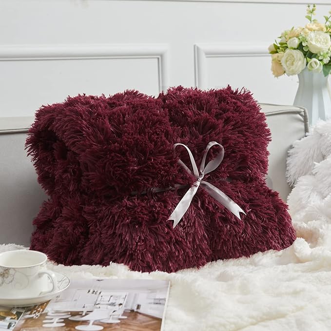 GONAAP Fuzzy Faux Fur Throw Blanket Twin Size Wine Red Super Soft Cozy Plush Fuzzy Shaggy Blanket for Couch Sofa Bed (Wine Red, Twin(60"x80"))-Ruum Studio Home