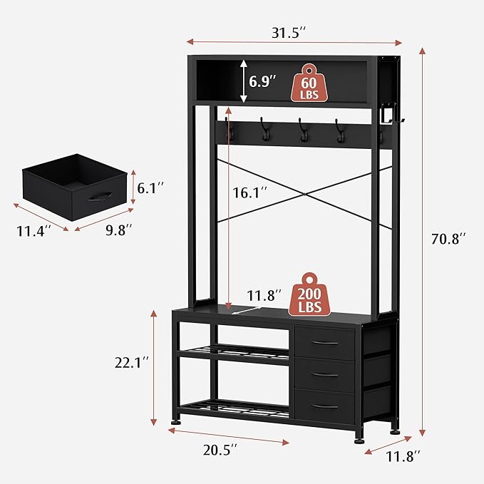 Lulive Hall Tree with Bench and Shoe Storage, 31.5" Coat Rack Freestanding with 2-Tier Storage Shelf, 6-in-1 Entryway Bench Coat Rack with 12 Hooks and 3 Drawers(Black)-Ruum Studio Home
