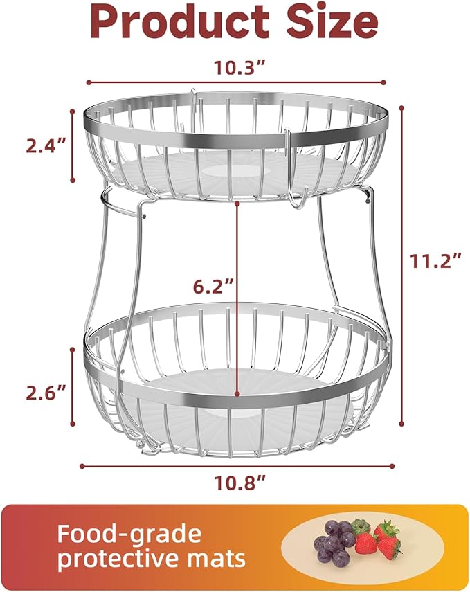 2 Tier Fruit Basket for Kitchen Counter with 2 Banana Hangers, Metal Stackable Fruit Bowl for Kitchen Counter for Bread Vegetable Fruits, Silvery-Ruum Studio Home