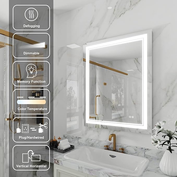 WELLFOR LED Bathroom Vanity Mirror 28 x 36 Inch, Lighted Anti-Fog Dimmable Mirror, IP44 Waterproof Wall Mounted Makeup Mirror, Packed with US Standard Plug and Touch Switch, (Horizontal/Vertical)-Ruum Studio Home